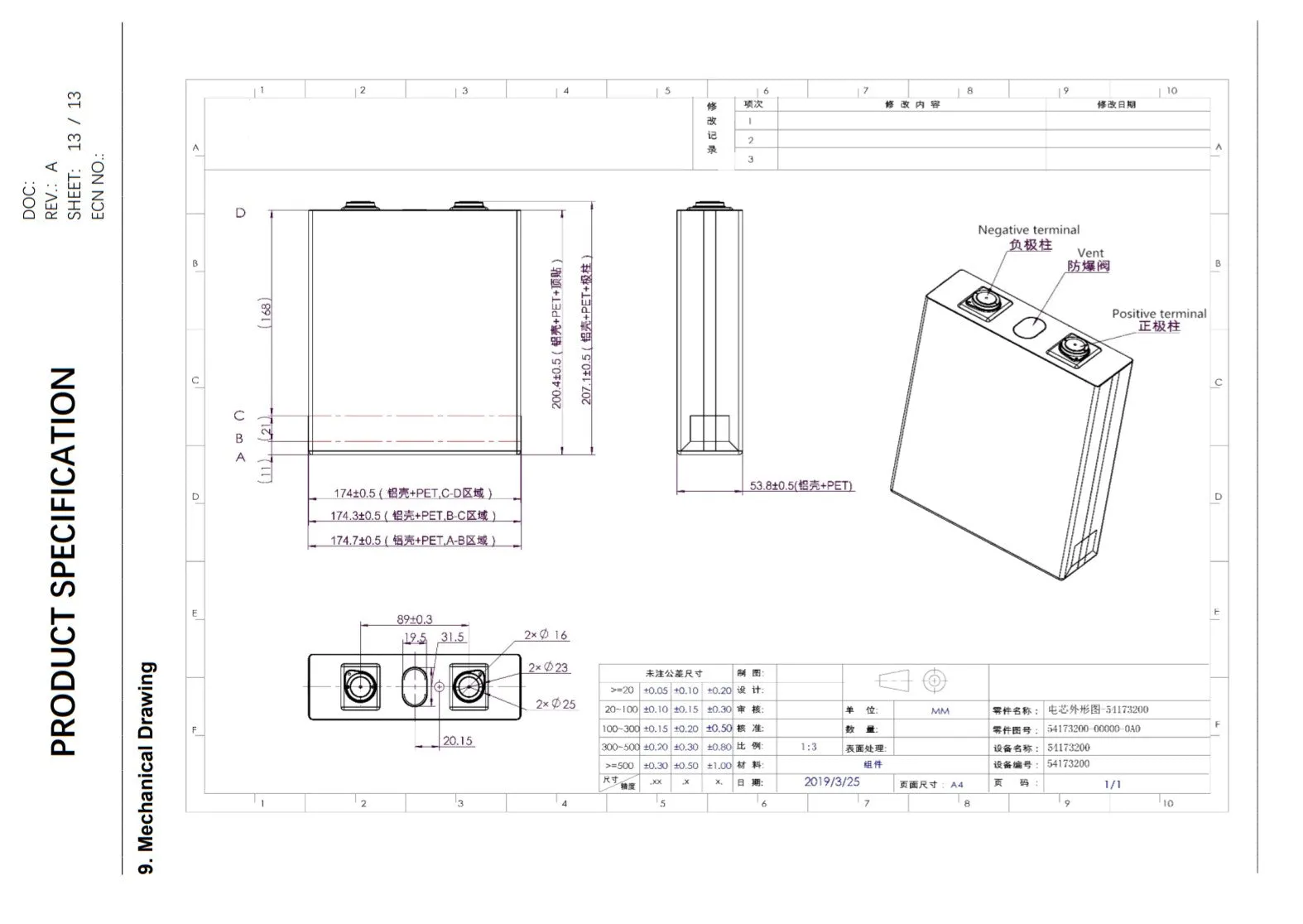 12V 206Ah Lithium Iron Phosphate (LiFePO4) Prismatic Cell, Ganfeng Lithium, (4 Pcs)