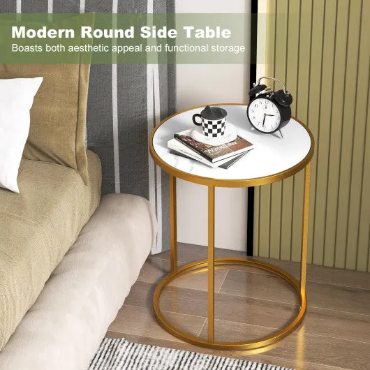 16 Inch Marble Top Round Side Table with Golden Metal Frame for Living Room Bedroom-1 Piece