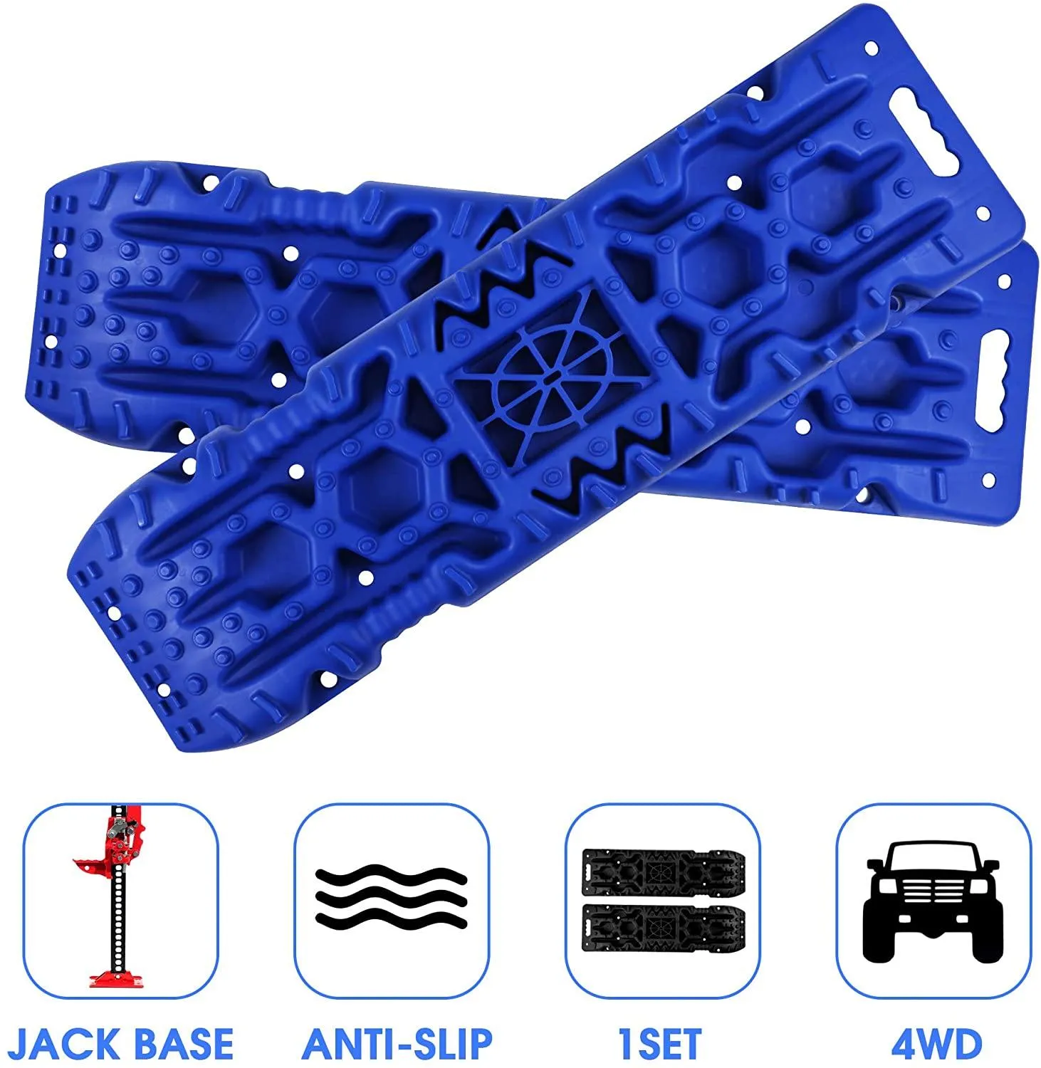 2 Pack Traction Boards with Jack Lift Base,Recovery Track Traction Mat for 4WD SUV, Jeep Tire Traction Tool Suitable for Mud, Sand, Snow, Ice Blue