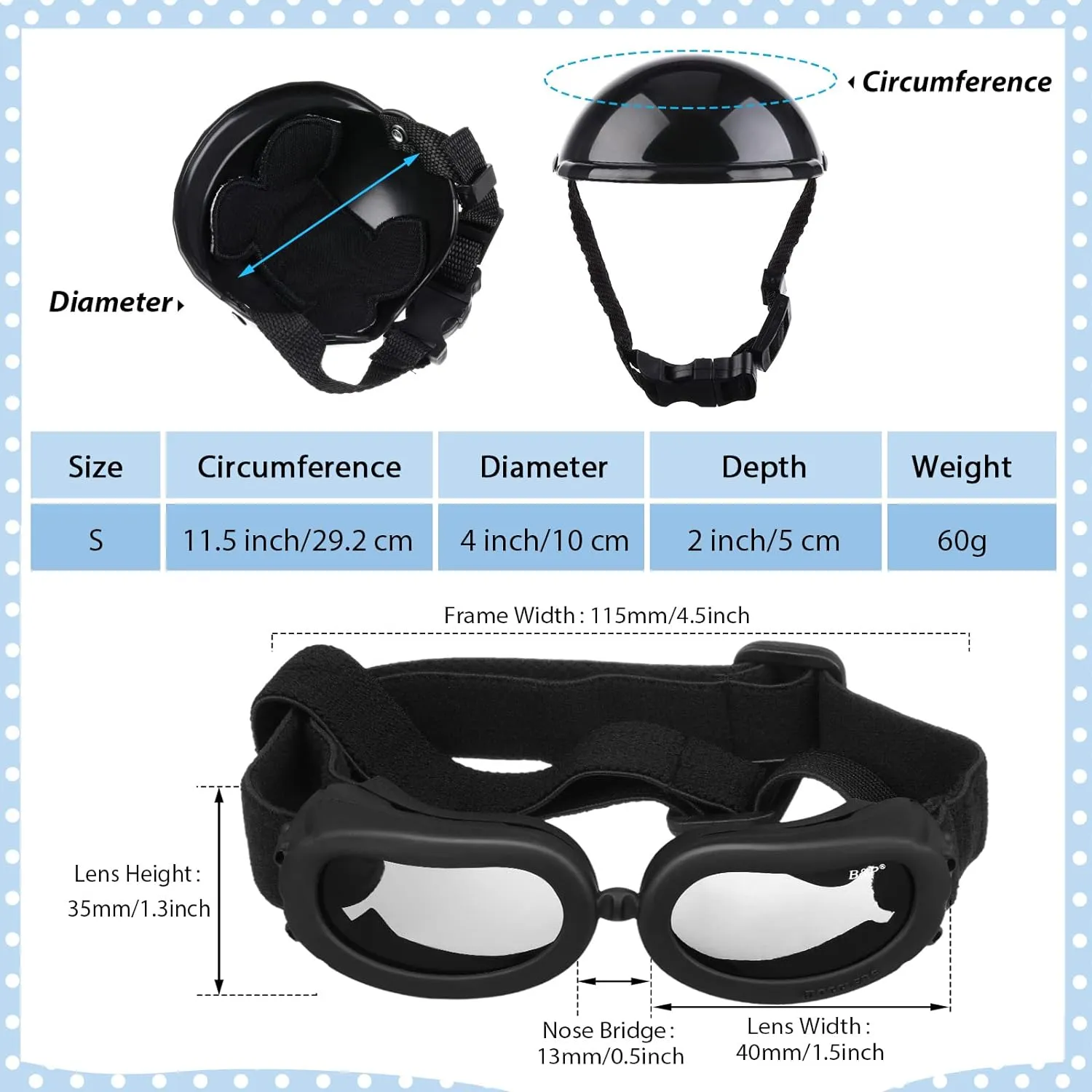 Adjustable Dog Helmet and Goggles Set, UV Protection, Small