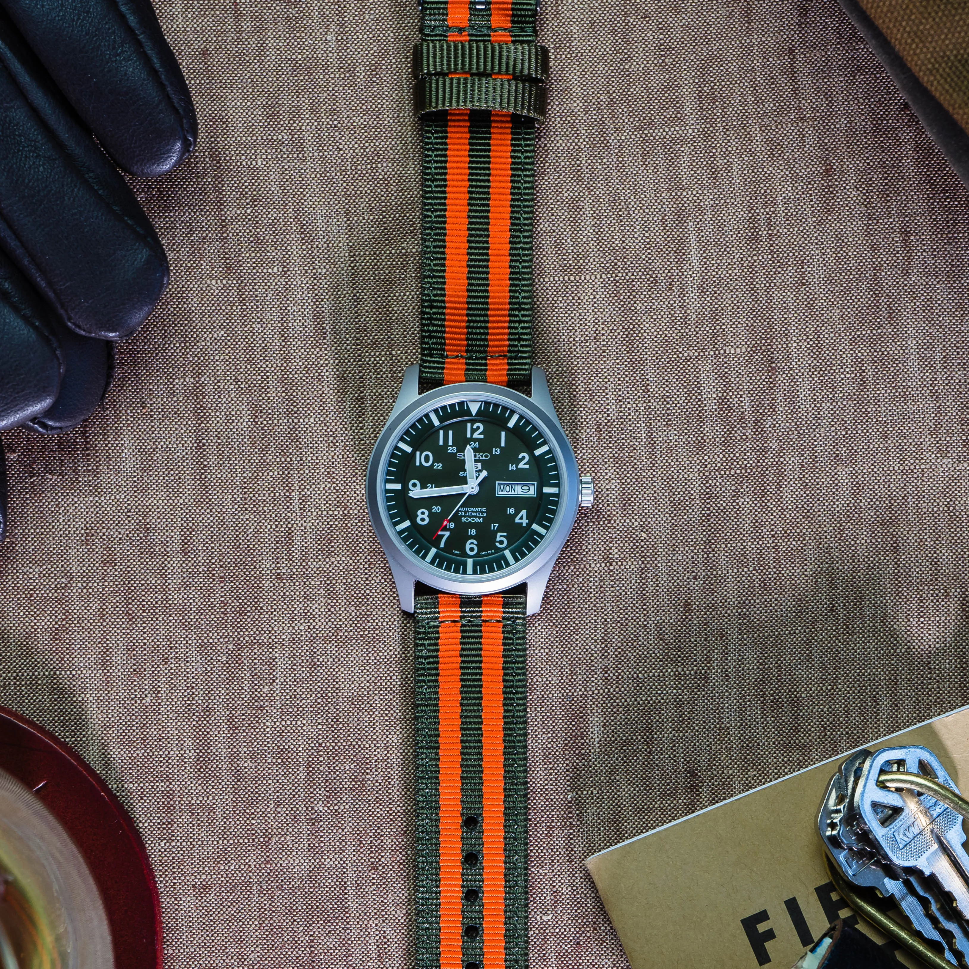 Army Green Orange Two Piece NATO® Style Watch Band