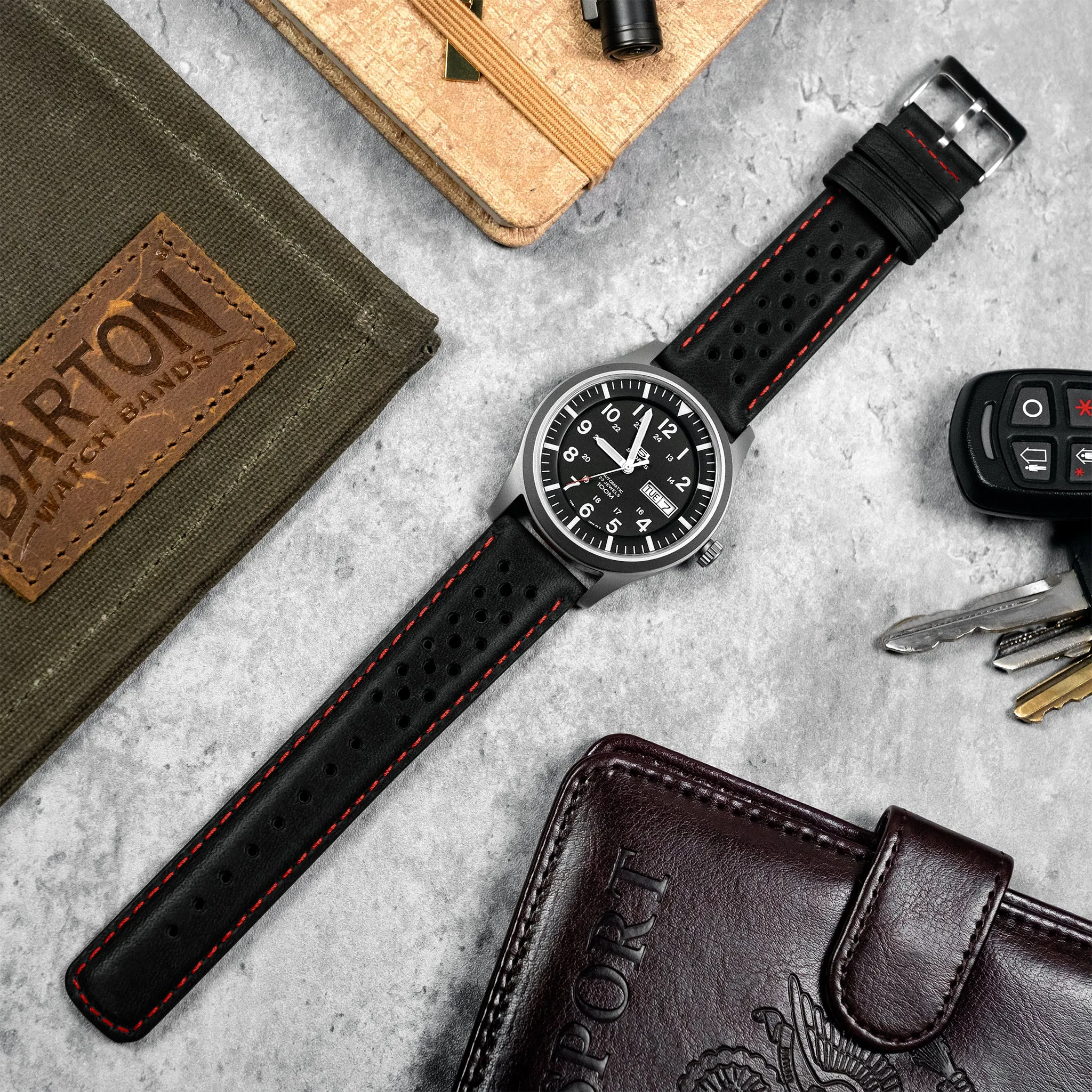 Black Red Stitch Racing Horween Leather Watch Band (18mm SALE)