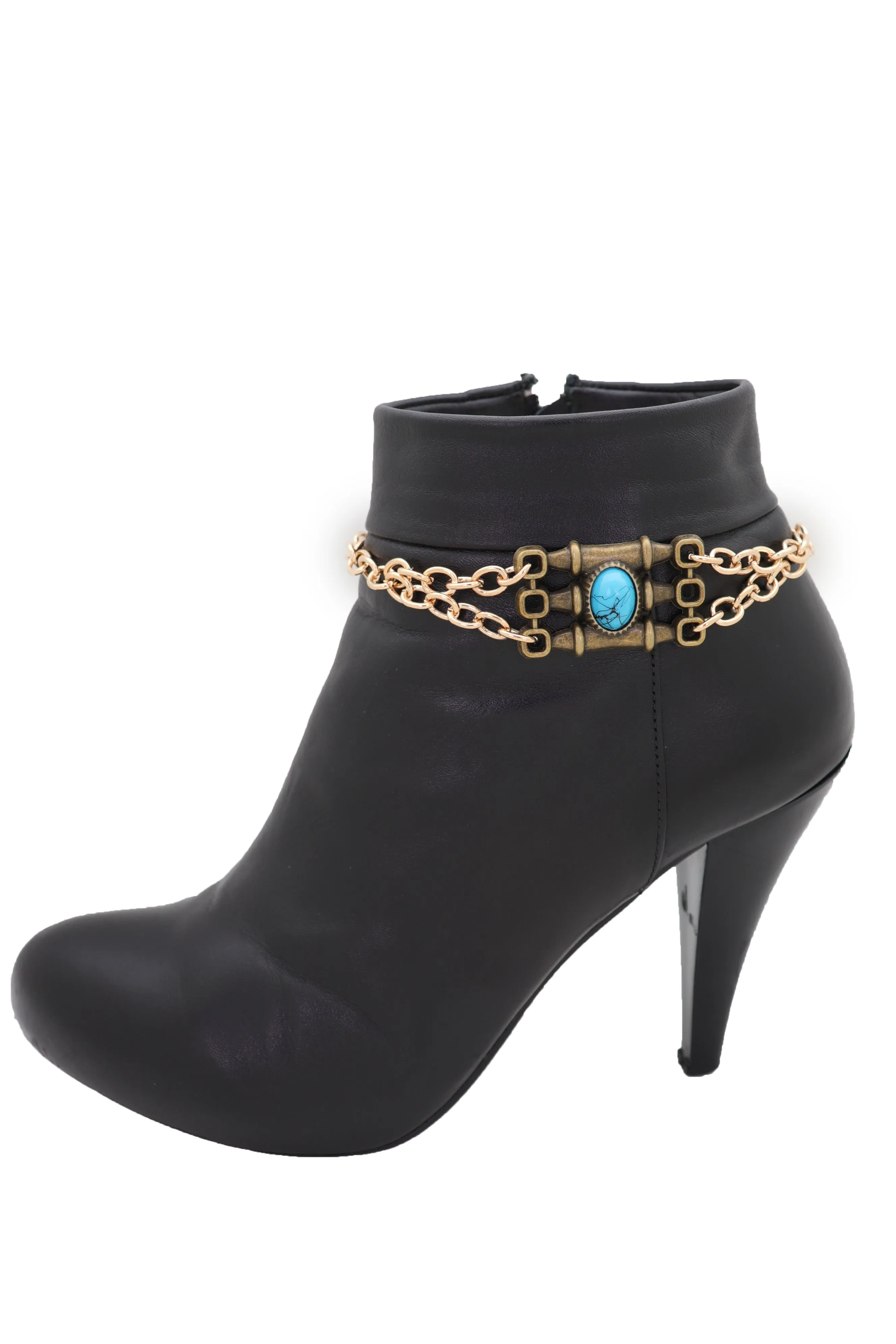 Boot Antique Gold Metal Chain Western Bracelet Shoe Charm Turquoise Bead