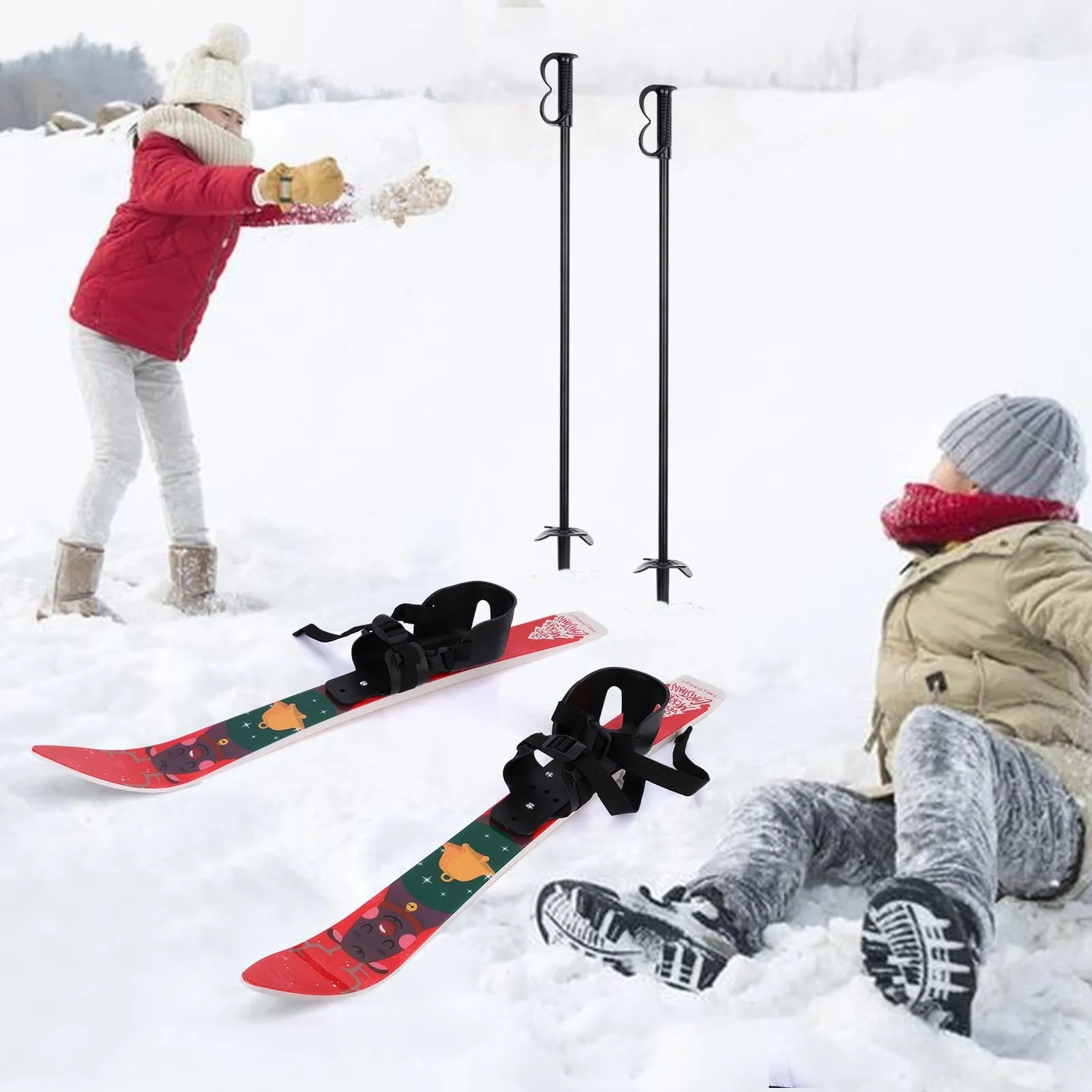 classic Kid's Beginner Snow Skis and Poles with Bindings Low-Resistant Ski Boards, Christmas Themed Pattern Adjustable Buckle Lightweight Sturdy and Safe Kids Skiing Equipment for Age 4 and Under