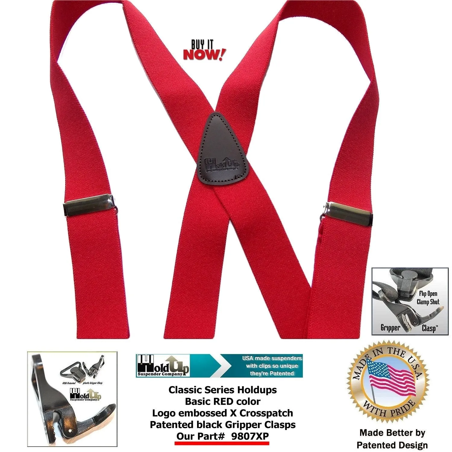 Classic RED Holdup X-back Suspenders with Patented strong black Gripper Clasps