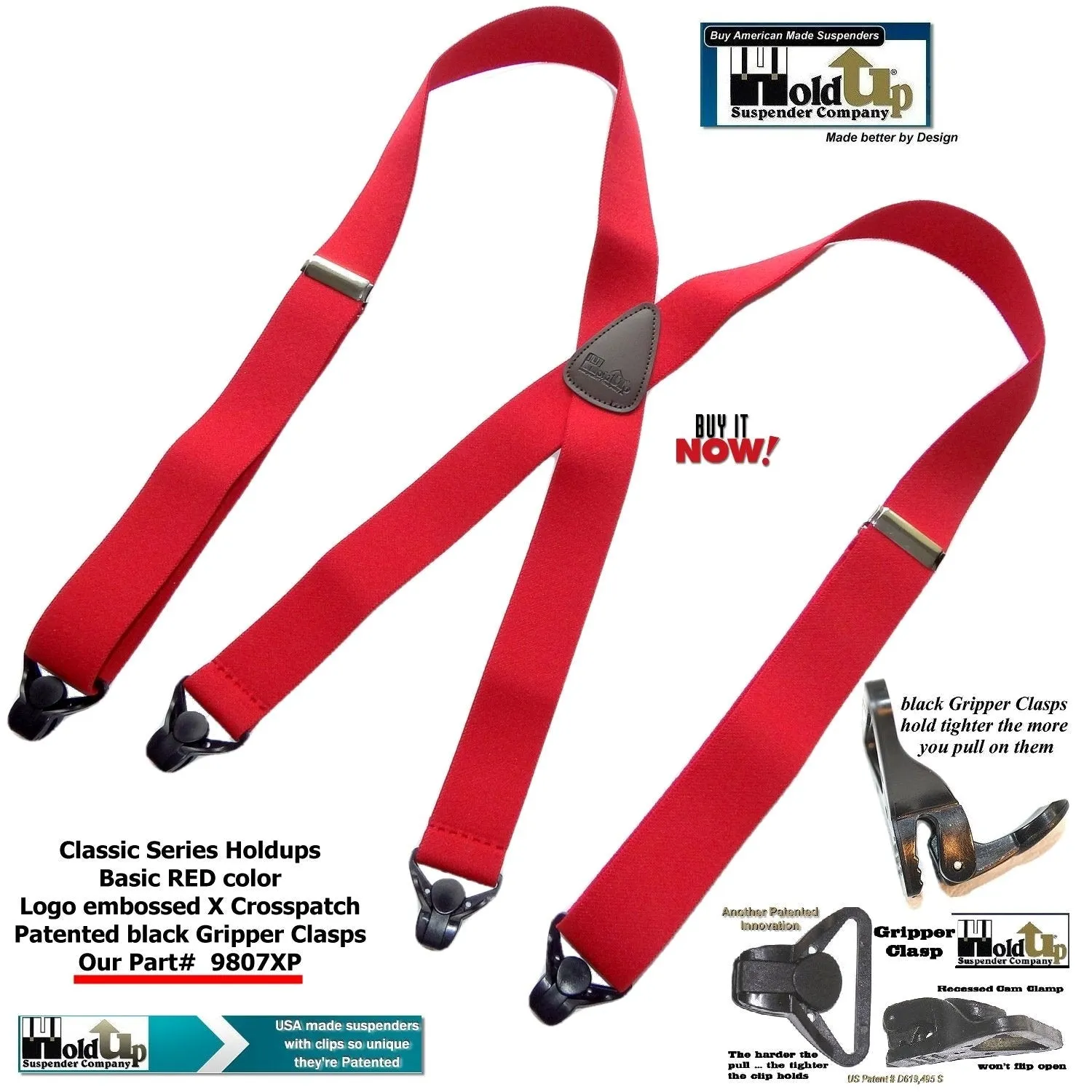 Classic RED Holdup X-back Suspenders with Patented strong black Gripper Clasps