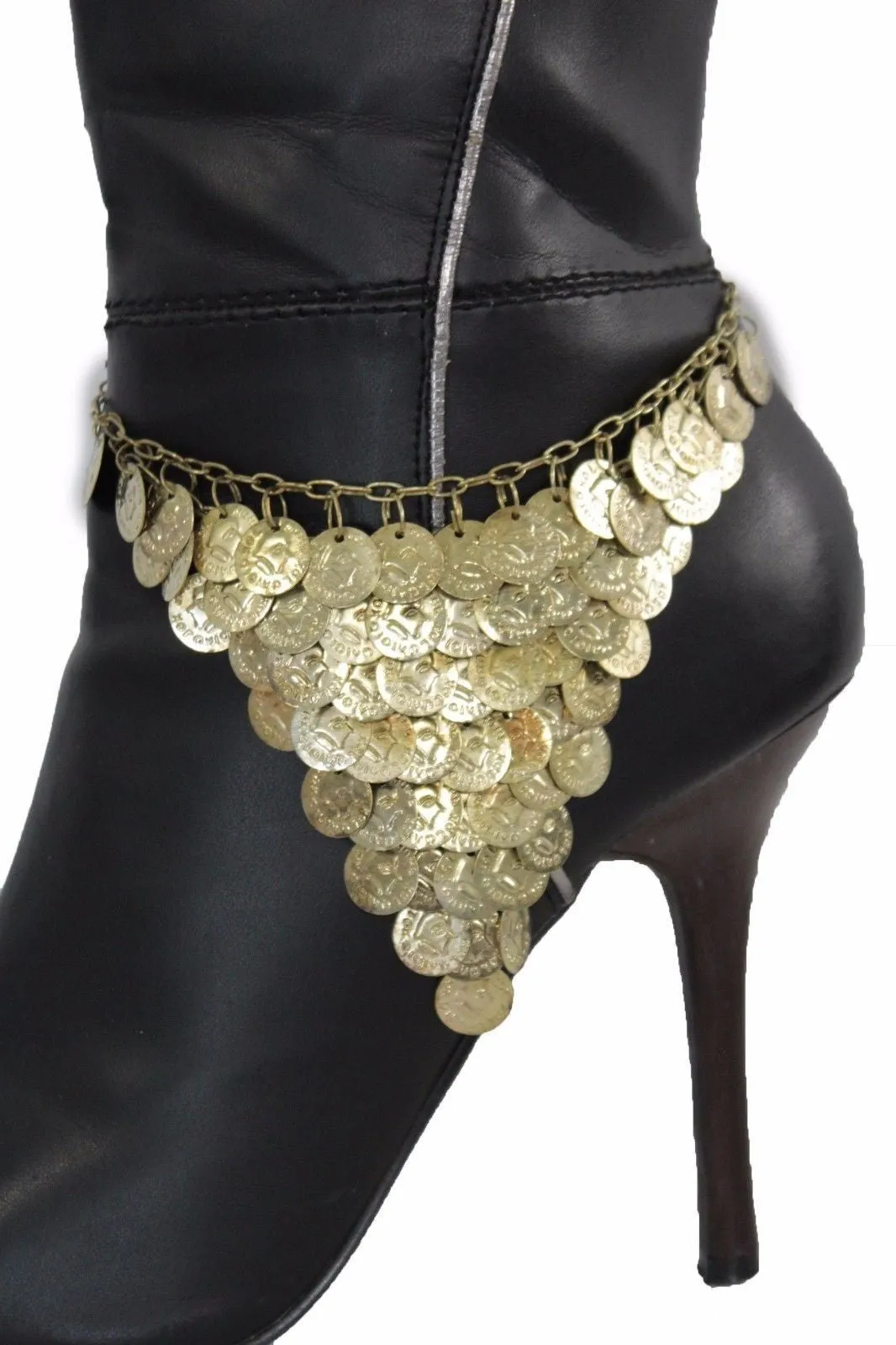 Gold Metal Boot Bracelet Chain Anklet Shoe Coins Charm Multi Strands Thick