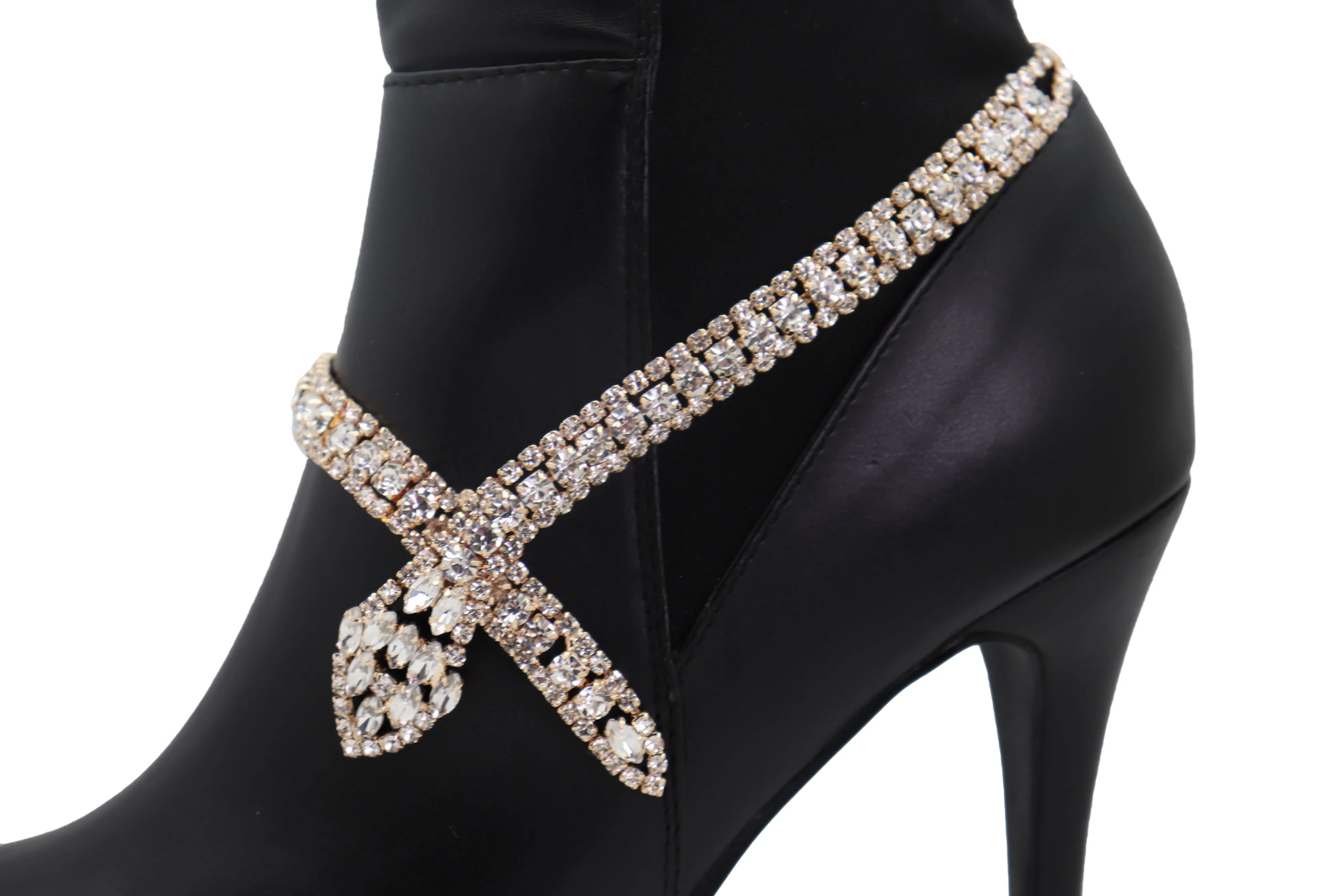 Gold Metal Boot Chain Links Black Fabric Strap Bracelet Shoe Bling Jewelry