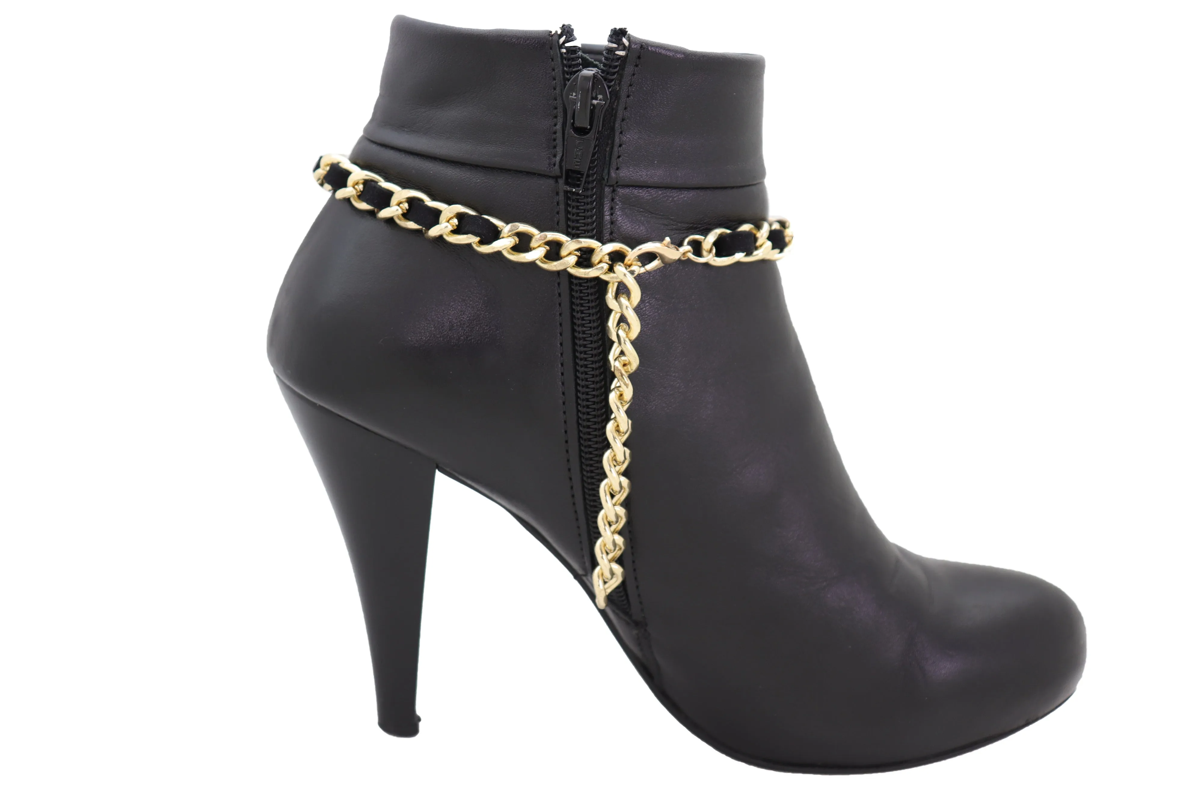 Gold Metal Boot Chain Links Black Fabric Strap Bracelet Shoe Bling Jewelry