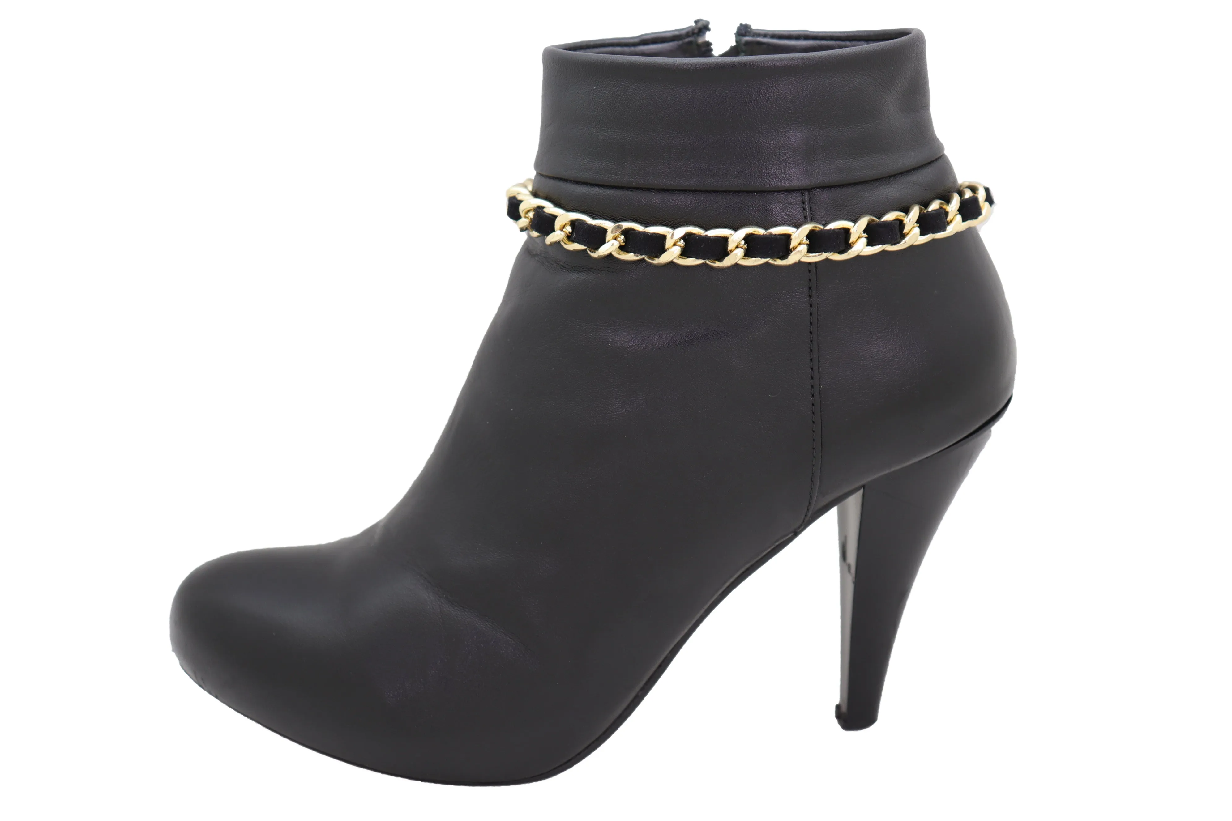 Gold Metal Boot Chain Links Black Fabric Strap Bracelet Shoe Bling Jewelry