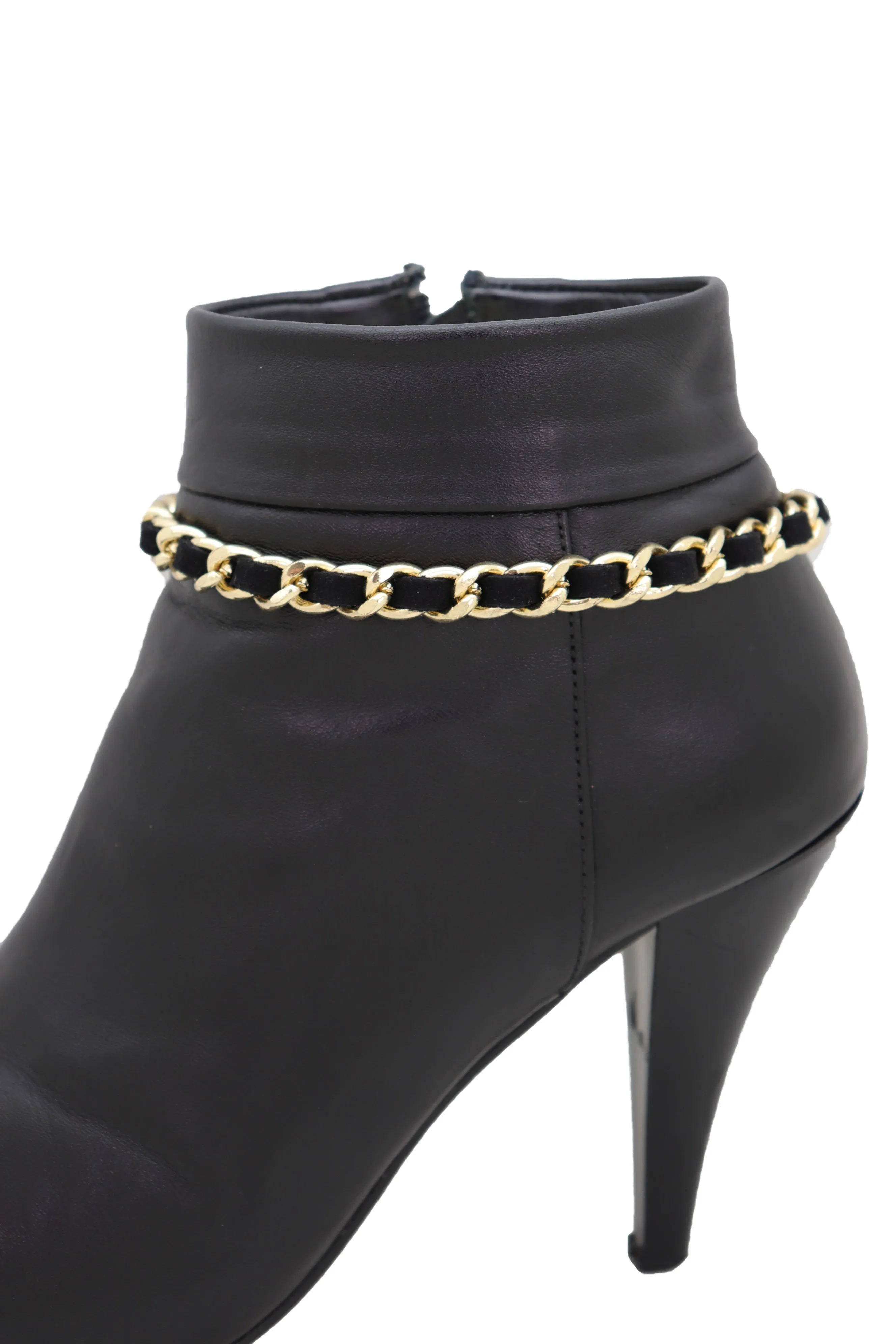 Gold Metal Boot Chain Links Black Fabric Strap Bracelet Shoe Bling Jewelry