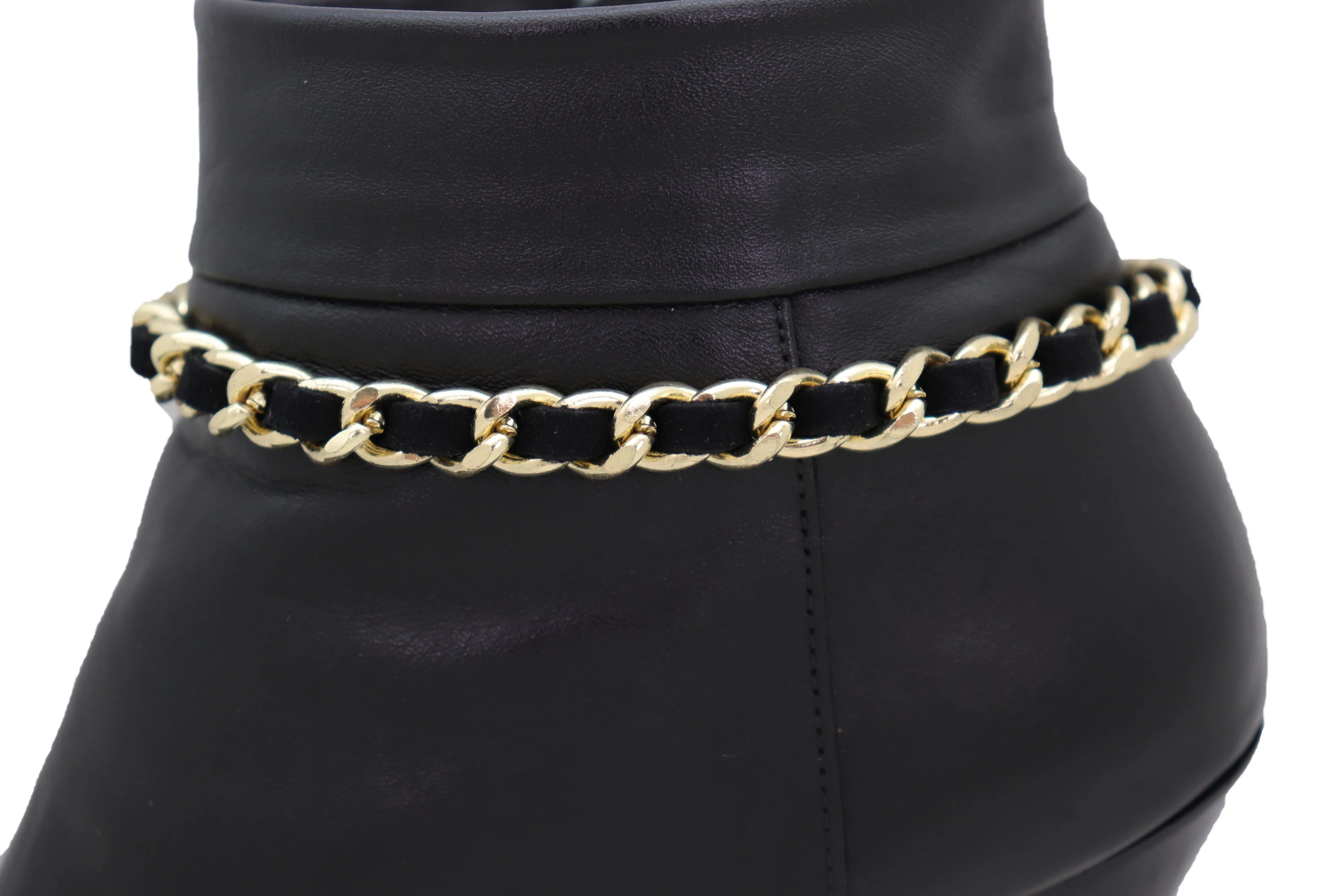 Gold Metal Boot Chain Links Black Fabric Strap Bracelet Shoe Bling Jewelry