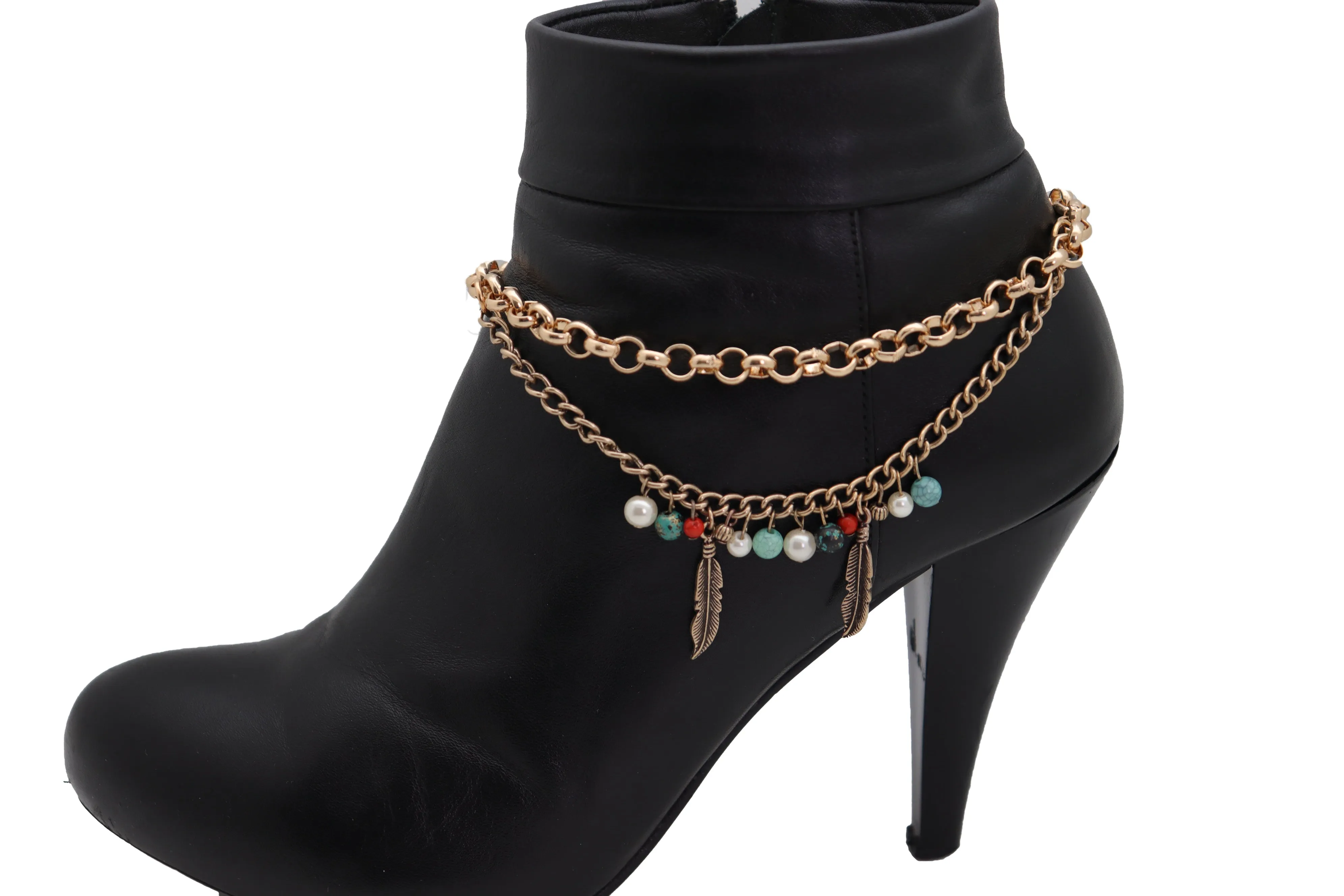 Gold Metal Chain Boot Bracelet Shoe Ethnic Indian Feather Charm Anklet