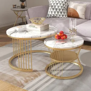 Iron Frame Faux Marbled Laminated Round Coffee Table Set of 2 Stacking Center Tables for Living Room Bedroom or Apartments (Golden White)