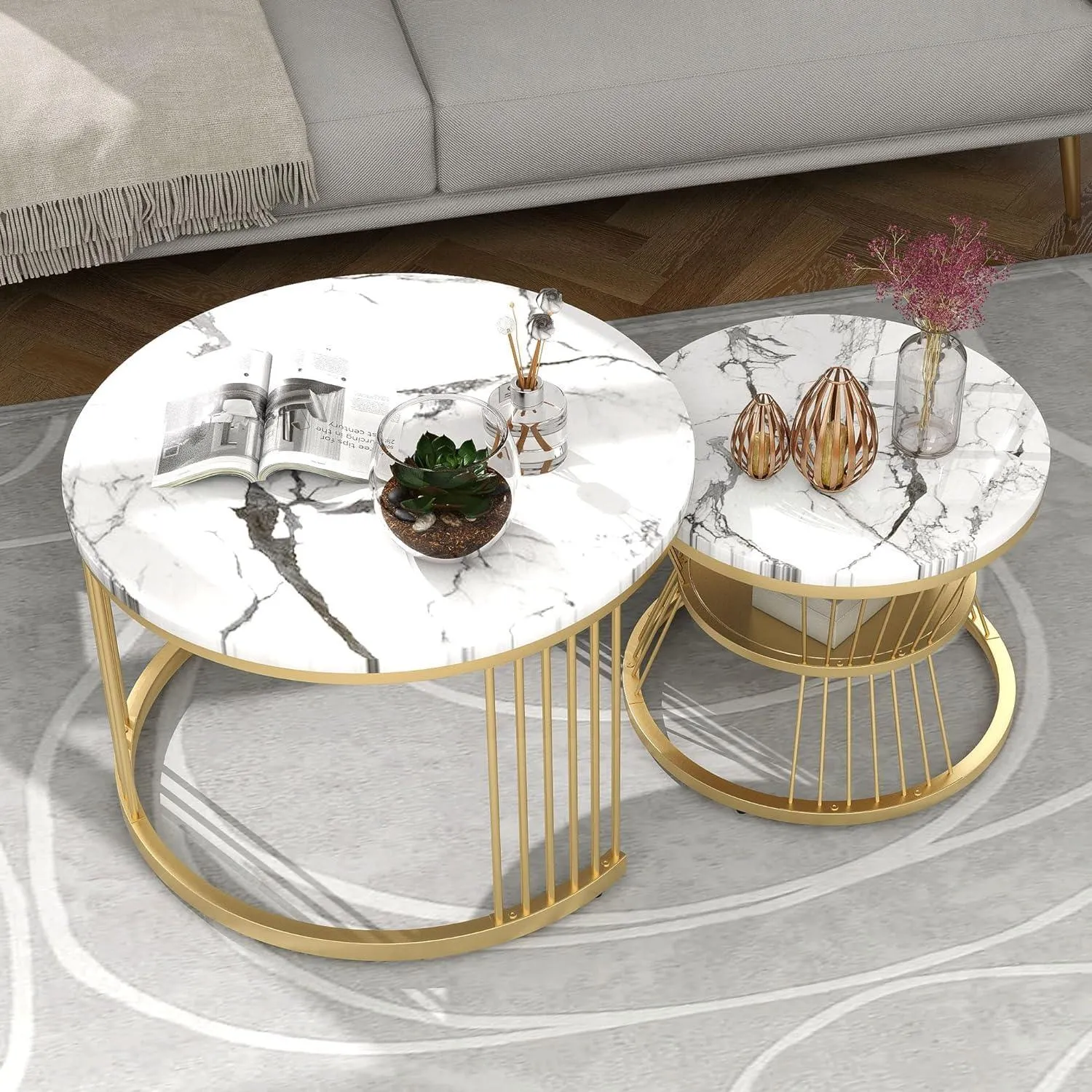 Iron Frame Faux Marbled Laminated Round Coffee Table Set of 2 Stacking Center Tables for Living Room Bedroom or Apartments (Golden White)