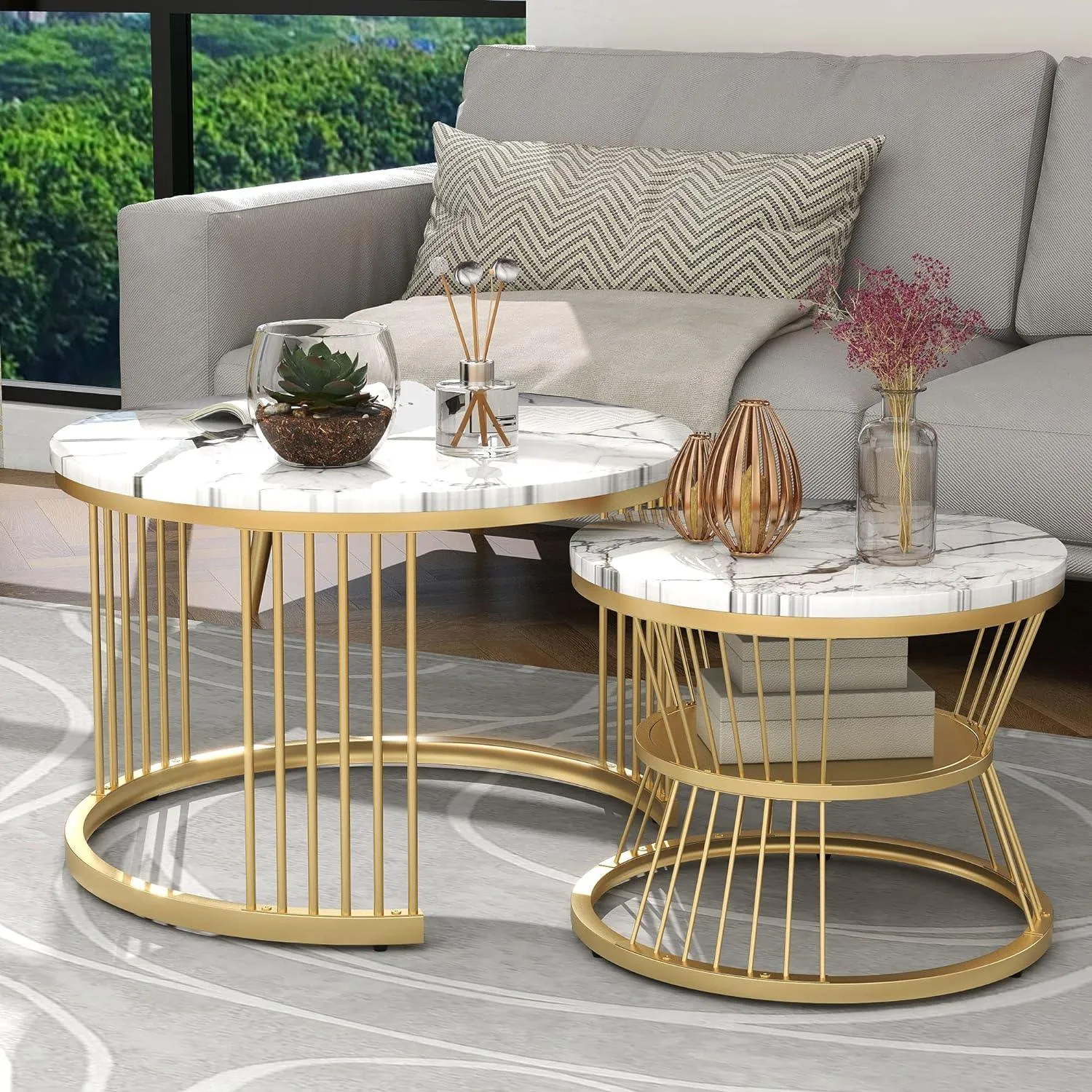 Iron Frame Faux Marbled Laminated Round Coffee Table Set of 2 Stacking Center Tables for Living Room Bedroom or Apartments (Golden White)