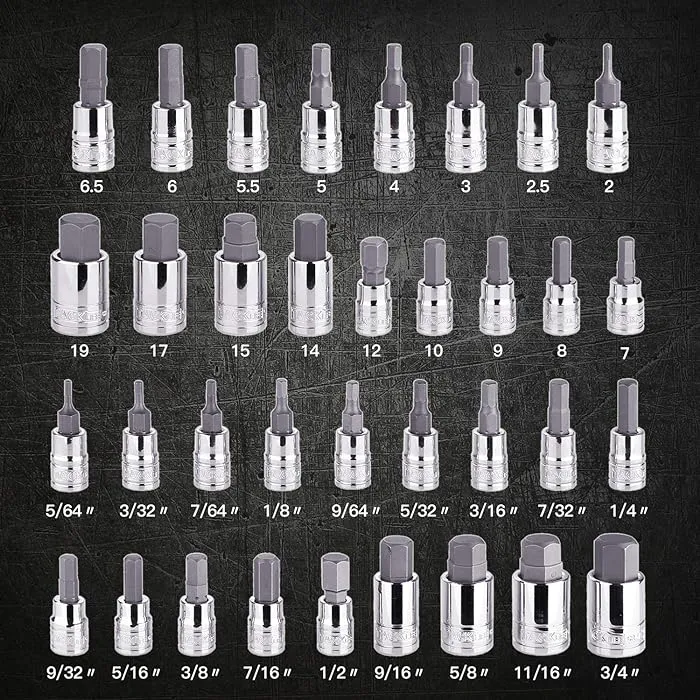 Master Hex Bit Socket Set, 35 Pcs Metric and SAE Allen Socket Set, 1/4", 3/8" & 1/2" Drives, S2 Steel Machined Bits