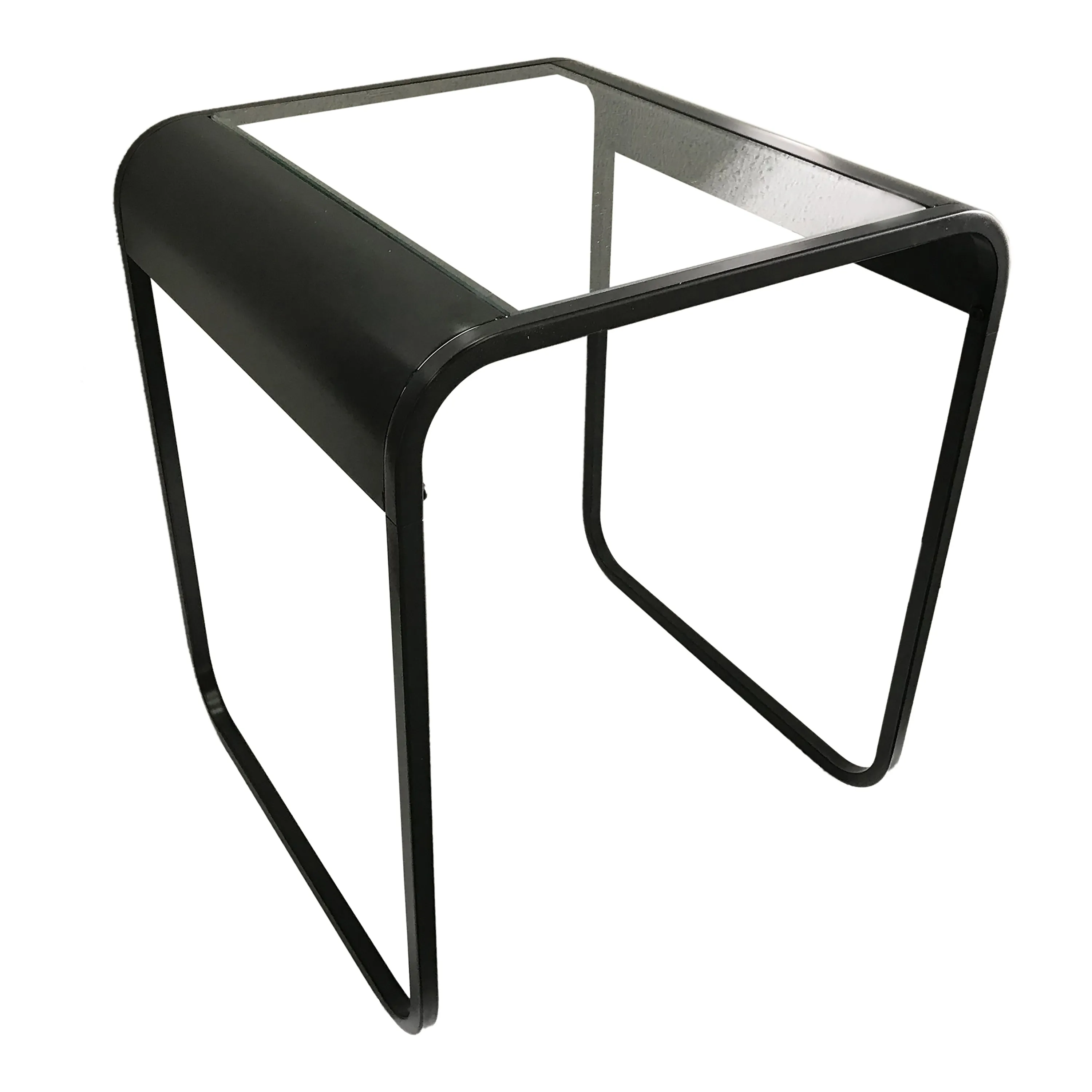 Ned Black Metal Round Edge Glasstop Sleigh Legged Side Nesting Tables