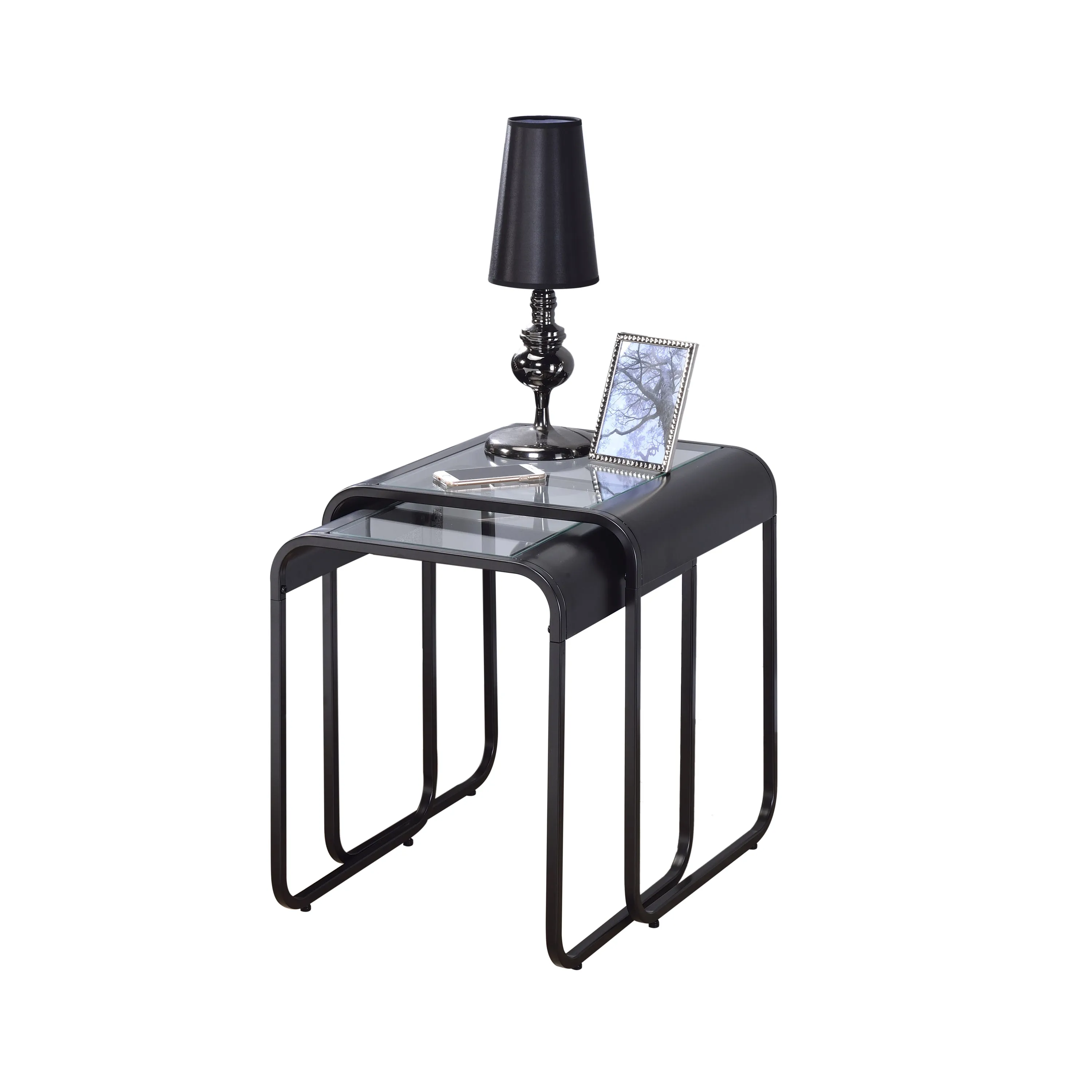 Ned Black Metal Round Edge Glasstop Sleigh Legged Side Nesting Tables