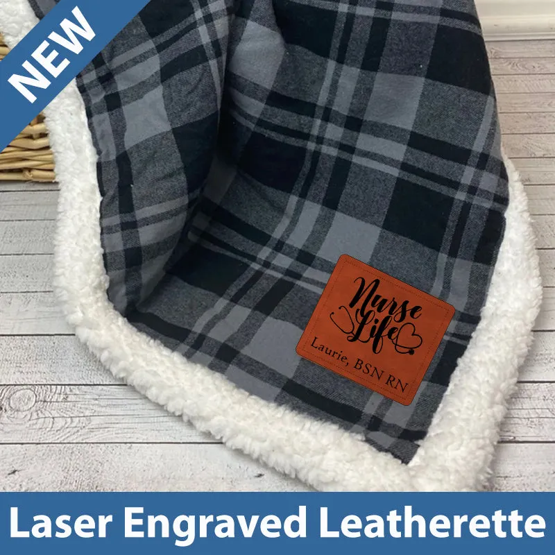 Plaid Sherpa Personalized Blanket with Leatherette Patch